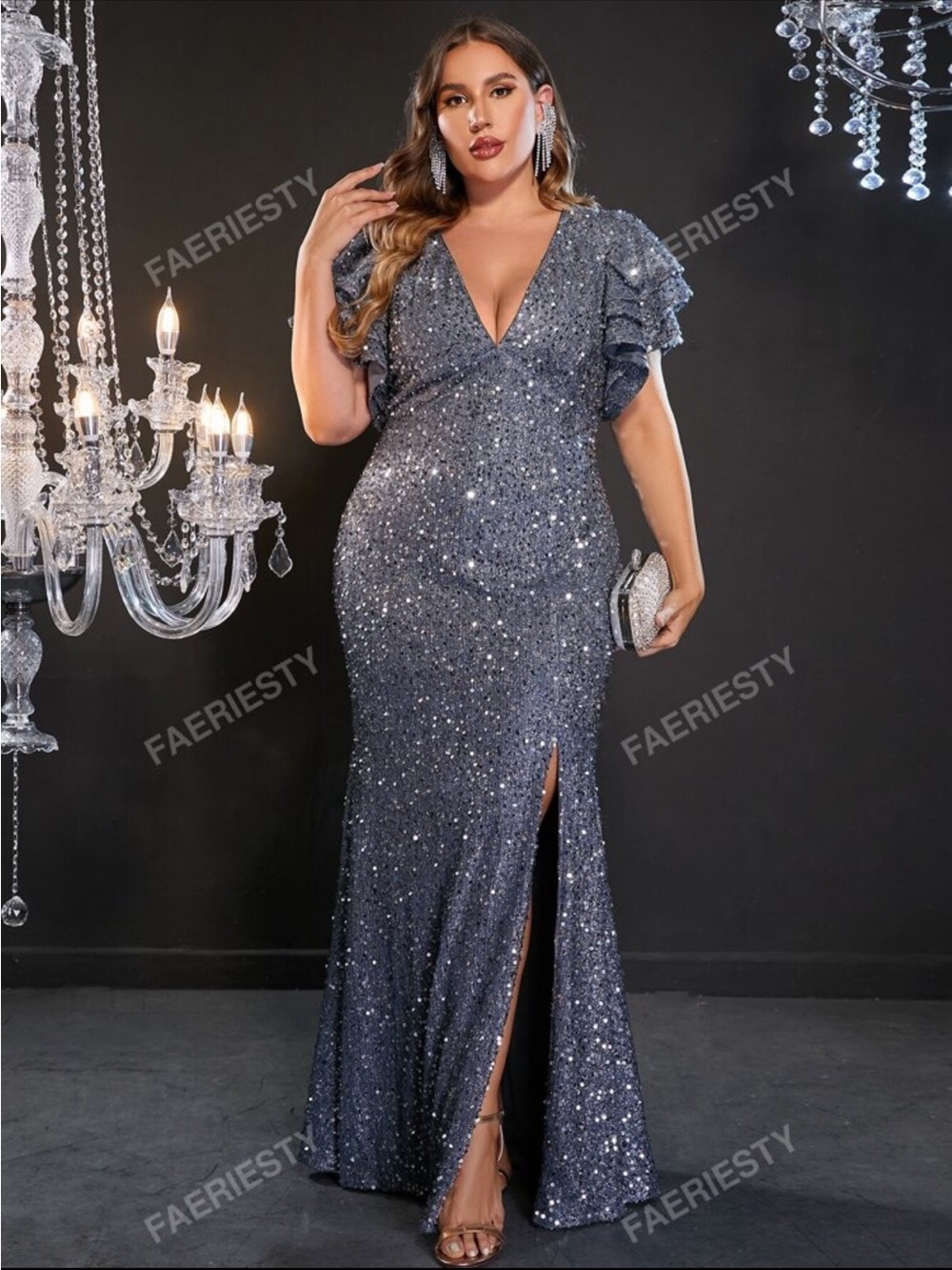 Sequin Evening Gown in Grey - 1X